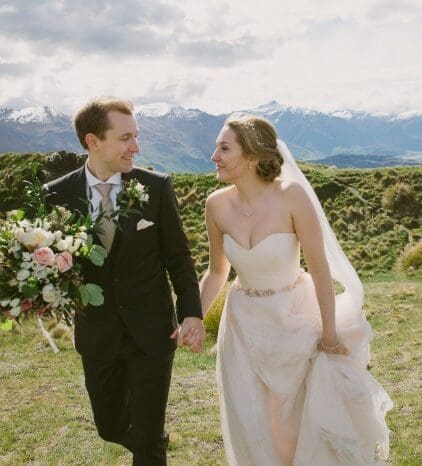 How stunning does Victoria look in her Autumn gown by Sheila Harding in blush silk. Below you can also see it worn with her Faux Fur Sheila Harding Wrap on a mountain top in New Zealand! Credit – Alpine Image Company – New Zealand.