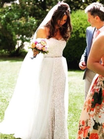 This beautiful picture of our real bride Jennifer who looked so stunning in her gown. We customised the gorgeous overskirt and veil for her so that it all matched. August 2015.