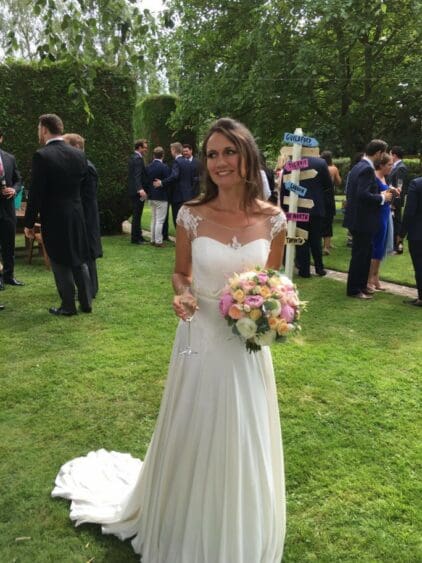 Thank you for the beautiful picture Jane. Looking incredible in your customised ivory silk gown and bolero. Summer 2016.