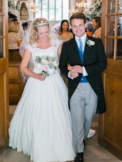 How happy does the beautiful Tones Halliday look in her stunning silk Ivory & Co gown with lace cap sleeve detailing, pictured with her equally happy new Husband. Thank you so much for the image. Credit to Charliephotography.co.uk for capturing such a delightful image.