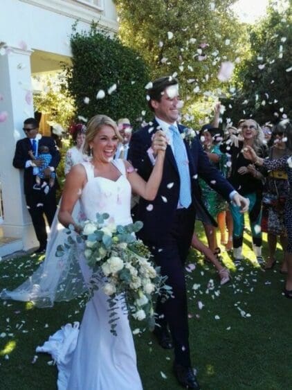 How beautiful our bride Kate looked on her wedding day In South Africa. Kate chose an elegant couture wedding gown by Sheila Harding London. Designed and made to measure in ivory crepe & French lace with a cowl back / feature.
