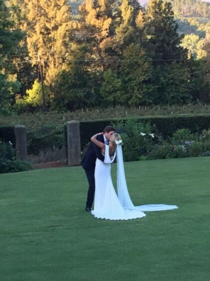 A view of our bride Kate’s wedding gown by Sheila Harding London showing the cowl back off perfectly.