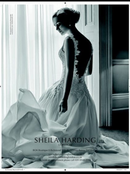 A glorious black & white shot of a Sheila Harding London Gown – shot for Brides Magazine.